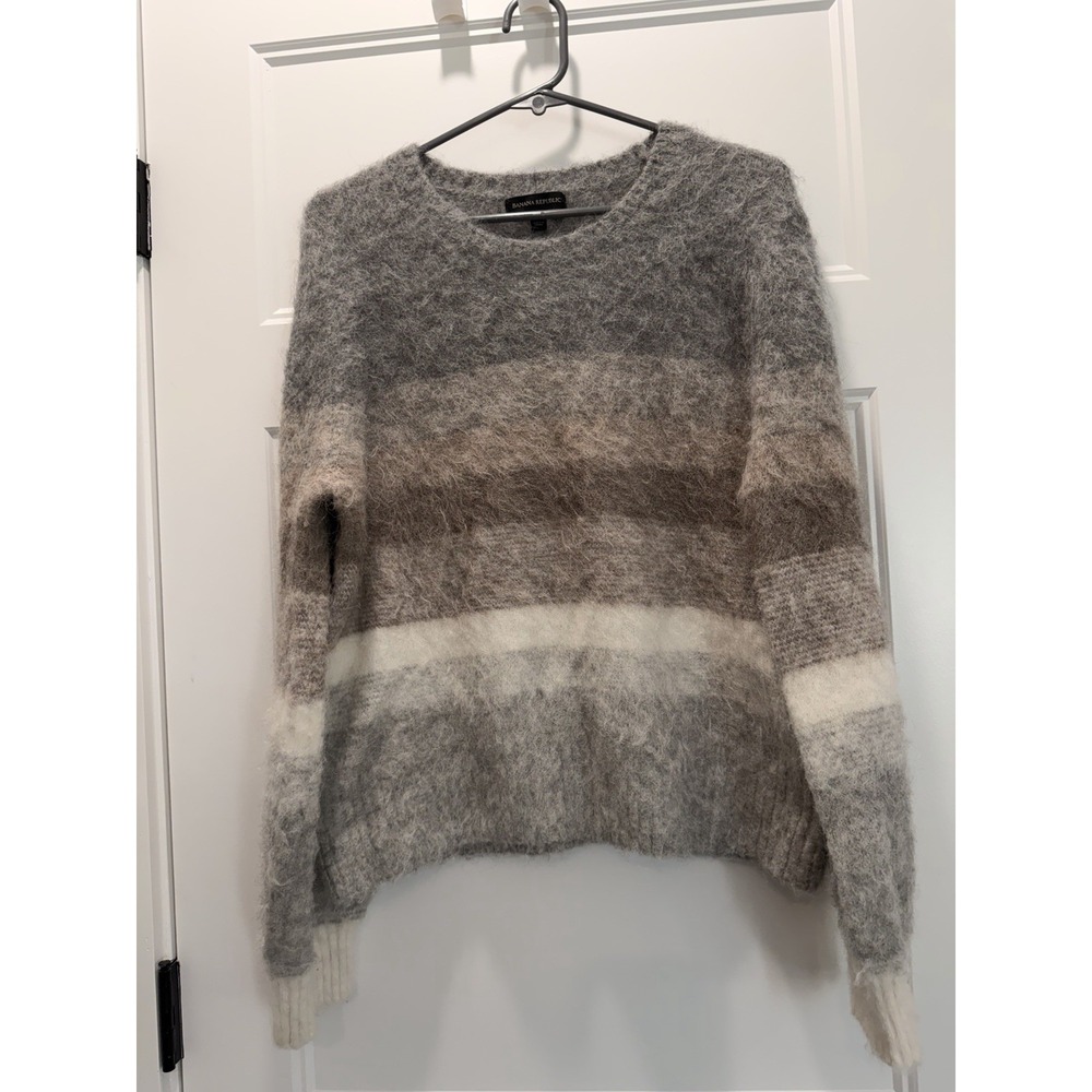 Banana Republic Alpaca Blend Fuzzy Sweater L Striped Gray Neutral Soft Cozy